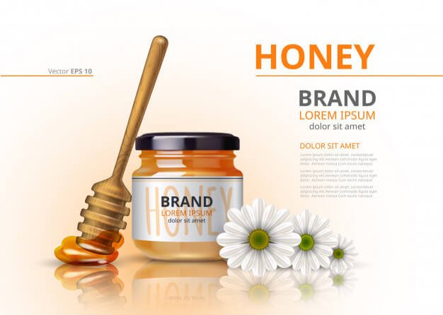 Acacia honey jar with wooden dipper vector realistic mock up flower background Premium Vector