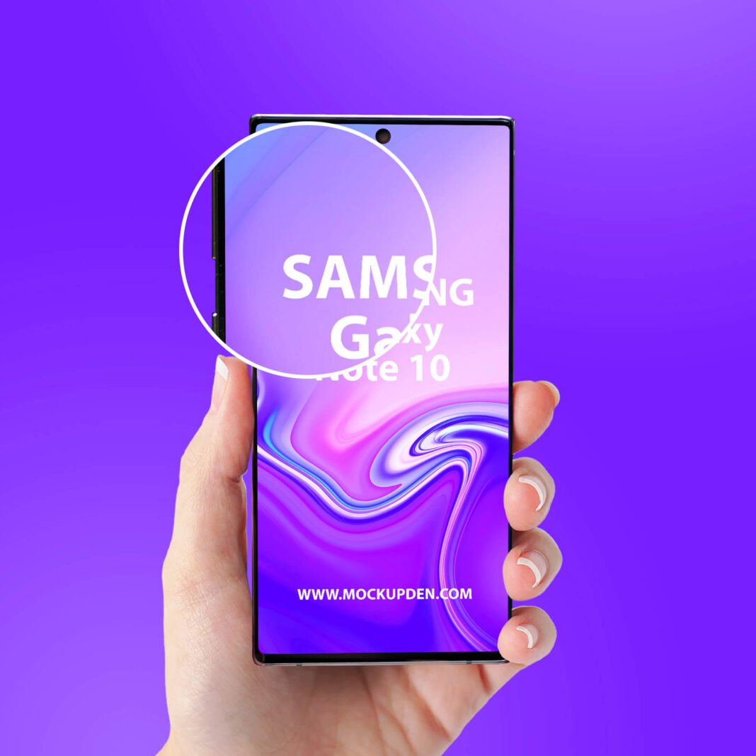 Download Free Galaxy Note 10 in Hand Mockup PSD Template - Mockup Den