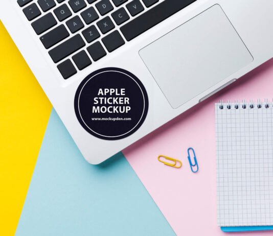 Free Apple Laptop Sticker Mockup PSD Template