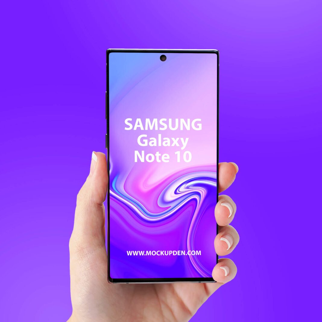 Download Free Galaxy Note 10 in Hand Mockup PSD Template - Mockup Den