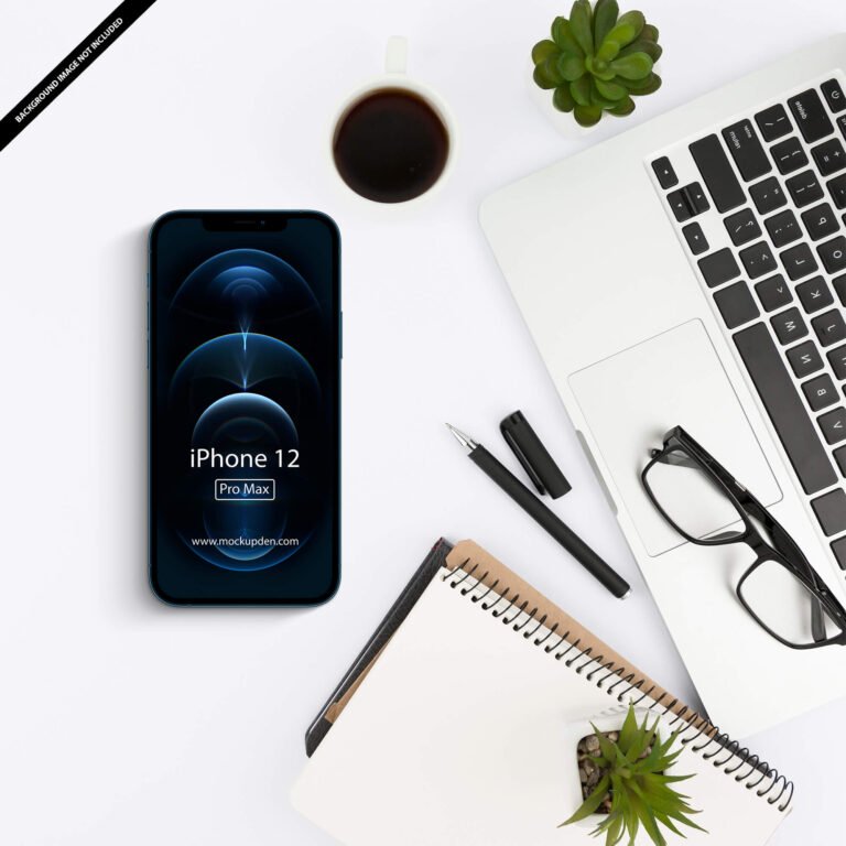 Free iPhone 12 Pro Max in Table Mockup PSD Template