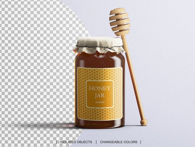 Mockup of honey jar packaging glass bottle with honey spoon isolated Premium Psd
