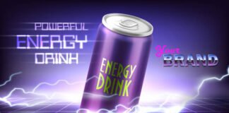 Promotion banner of powerful energy drink. aluminum can with carbonated tonic, soda, alcoholi Free Vector