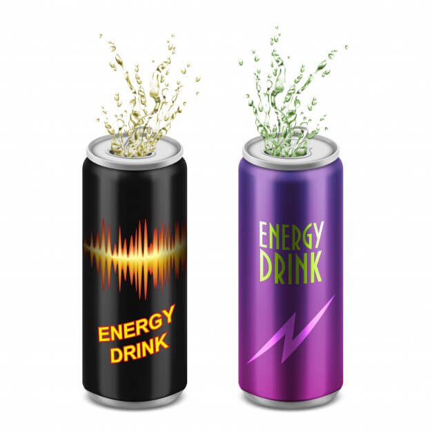Set of two realistic aluminum cans with open lids and splashes isolated on background Free Vector