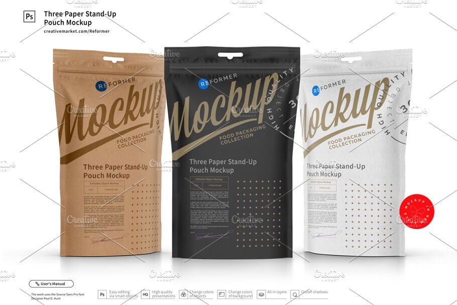 Three Paper Doy-Pack Pouch Mockup