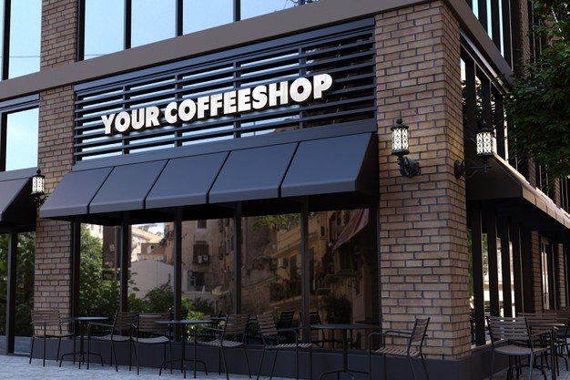 3d logo mockup on coffee shop facade sign Premium Psd