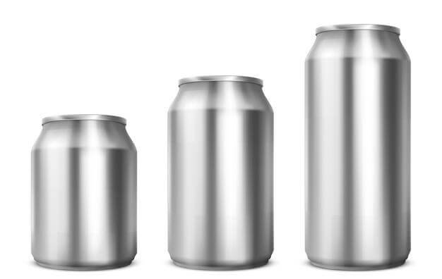 Aluminium cans different sizes for soda or beer isolated on white background. vector realistic mockup of metal tin cans for drink front view.