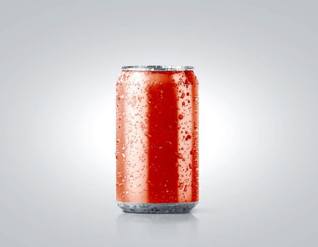 Blank red cold aluminium soda can mockup with drops, 330 ml Premium Photo