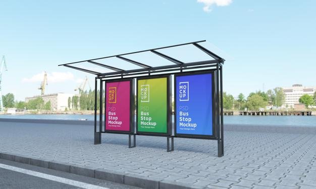 Bus stop bus shelter sign mockup 3d rendering Premium Psd (1)