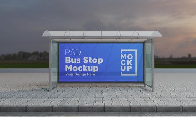 Bus stop bus shelter sign mockup 3d rendering Premium Psd (2)