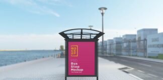Bus stop bus shelter sign mockup 3d rendering Premium Psd (3)