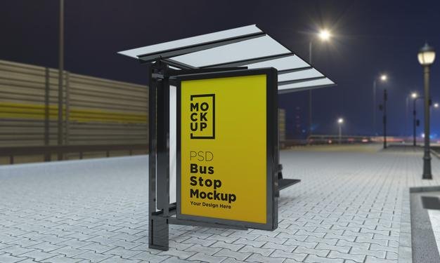 Bus stop bus shelter sign mockup 3d rendering Premium Psd (4)