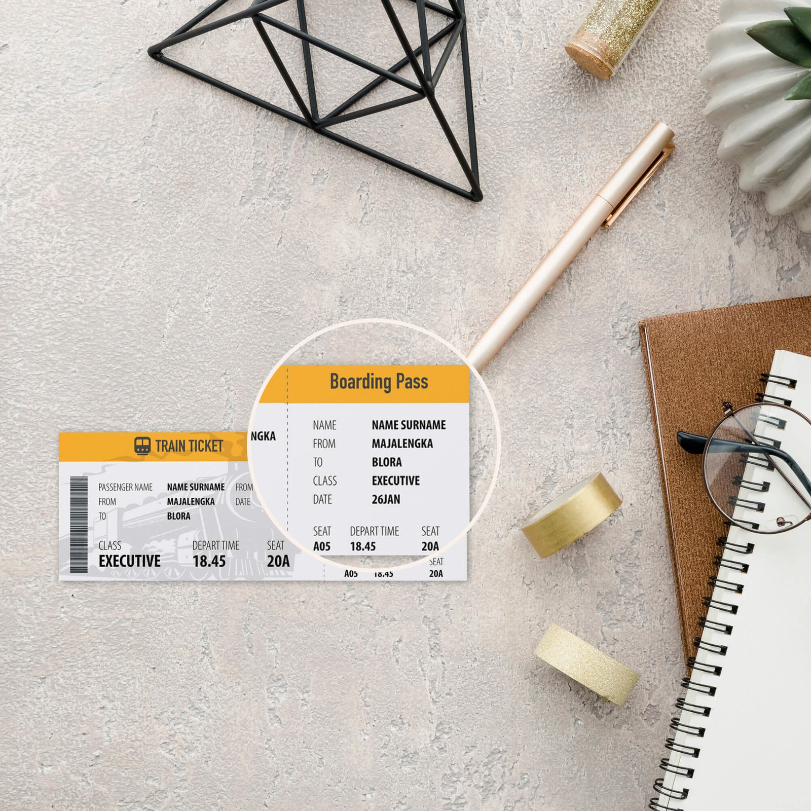 Close UP Of a Free Train Tickets Mockup PSD Template