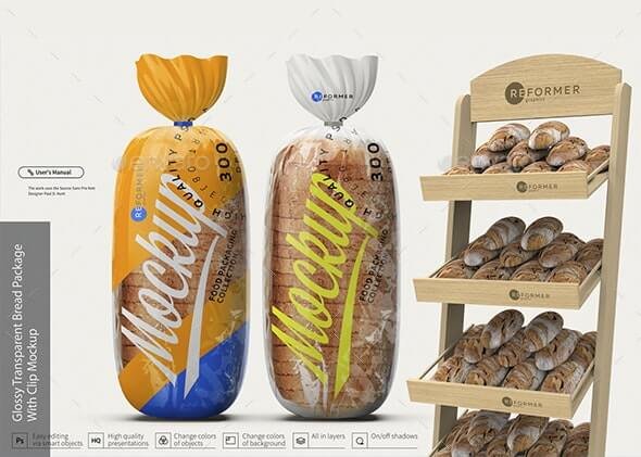 Glossy Transparent Bread Package with Clip Mockup