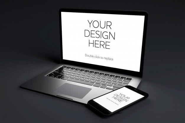 Laptop computer device with screen mock up on black room Premium Psd