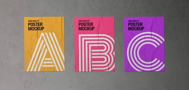Pack of three crumpled posters mockup Free Psd