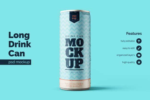 Realistic standing long aluminium steel drink can mockup premium template in front view Premium Psd