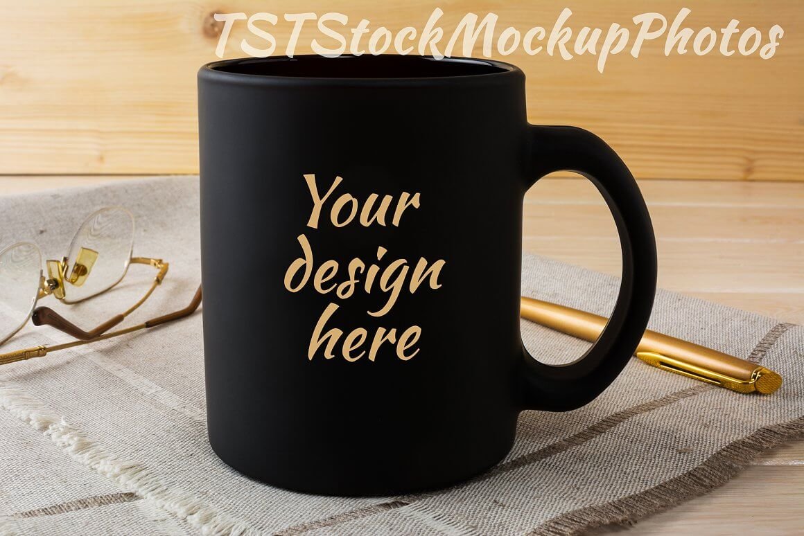 Black mug mockup with glasses