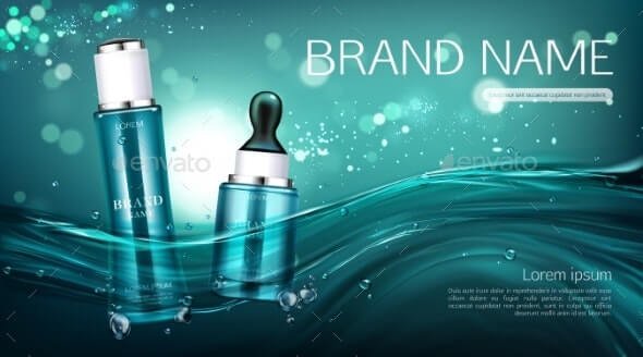 Cosmetics Bottles Mock Up Banner. Lotion and Serum