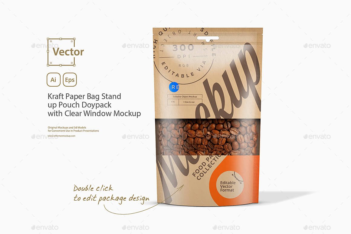 Kraft Paper Bag Stand up Pouch Doypack with Clear Window Mockup