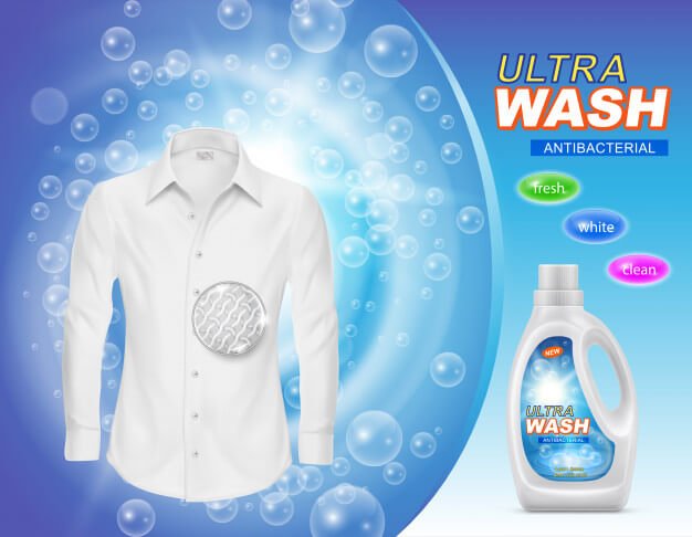 Promotion banner of liquid detergent for laundry or stain remover in plastic bottle Free Vector