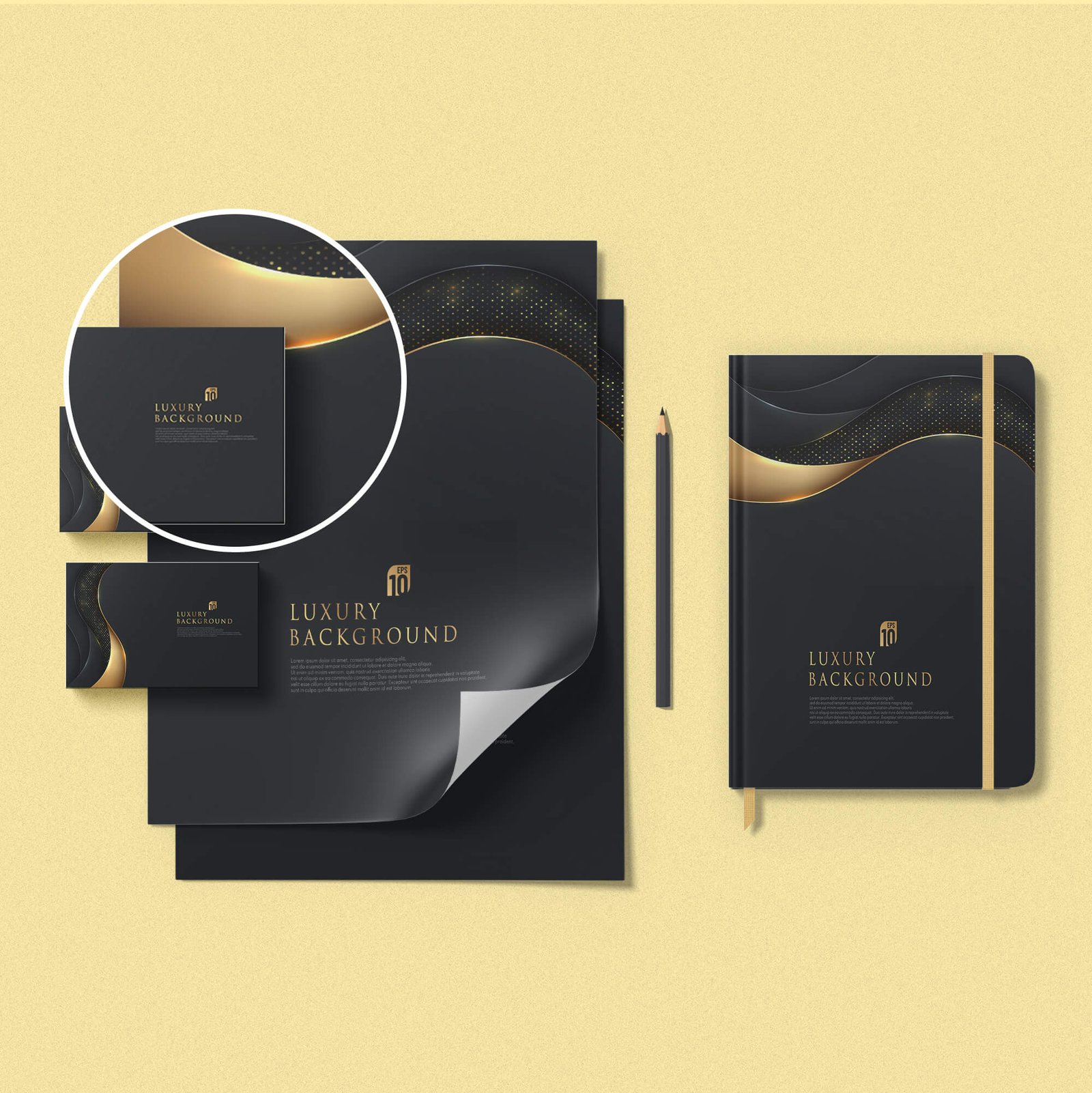 Close Up Of a Free Black Gold stationery Mockup PSD Template