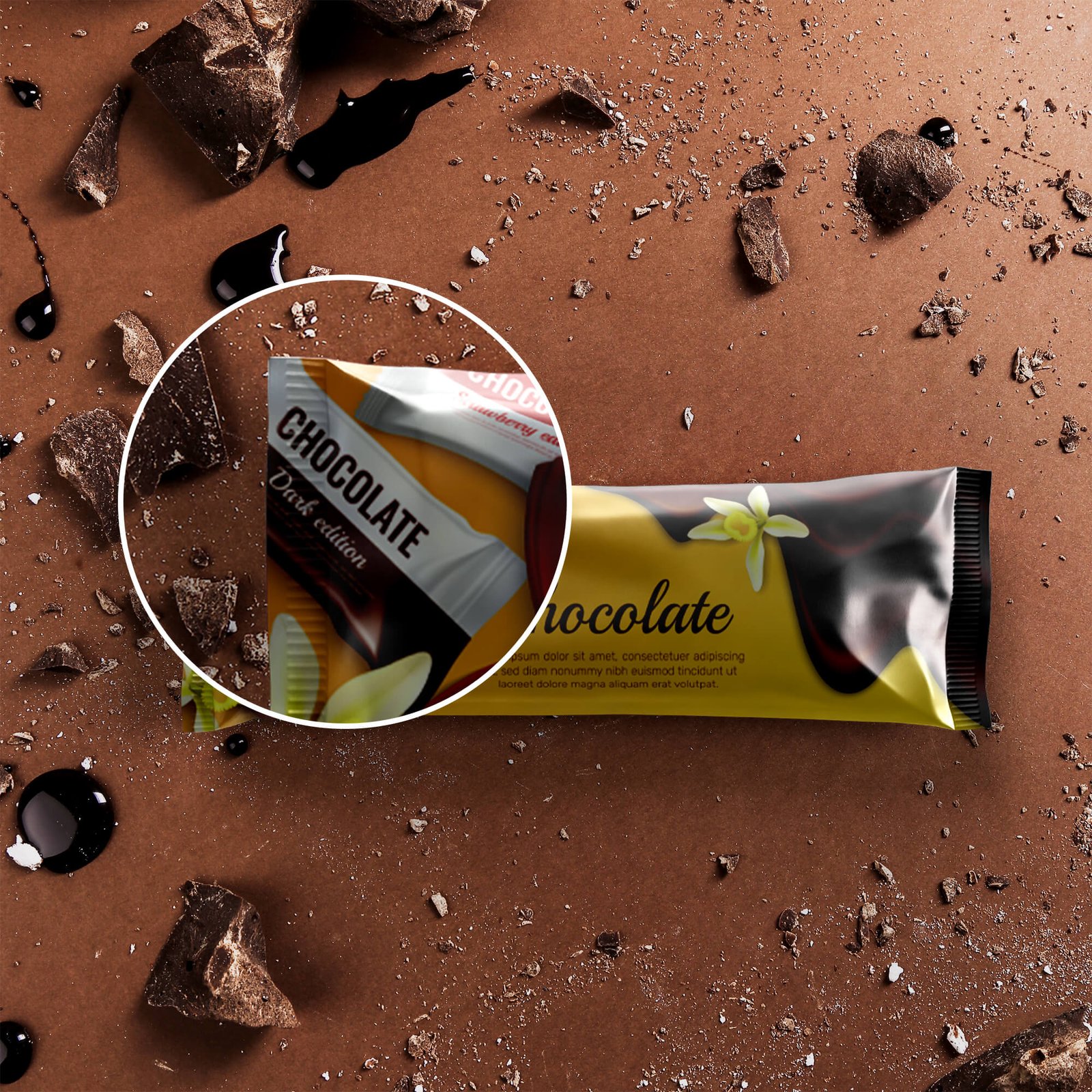 Close Up Of a Free Chocolate Packaging Mockup PSD Template