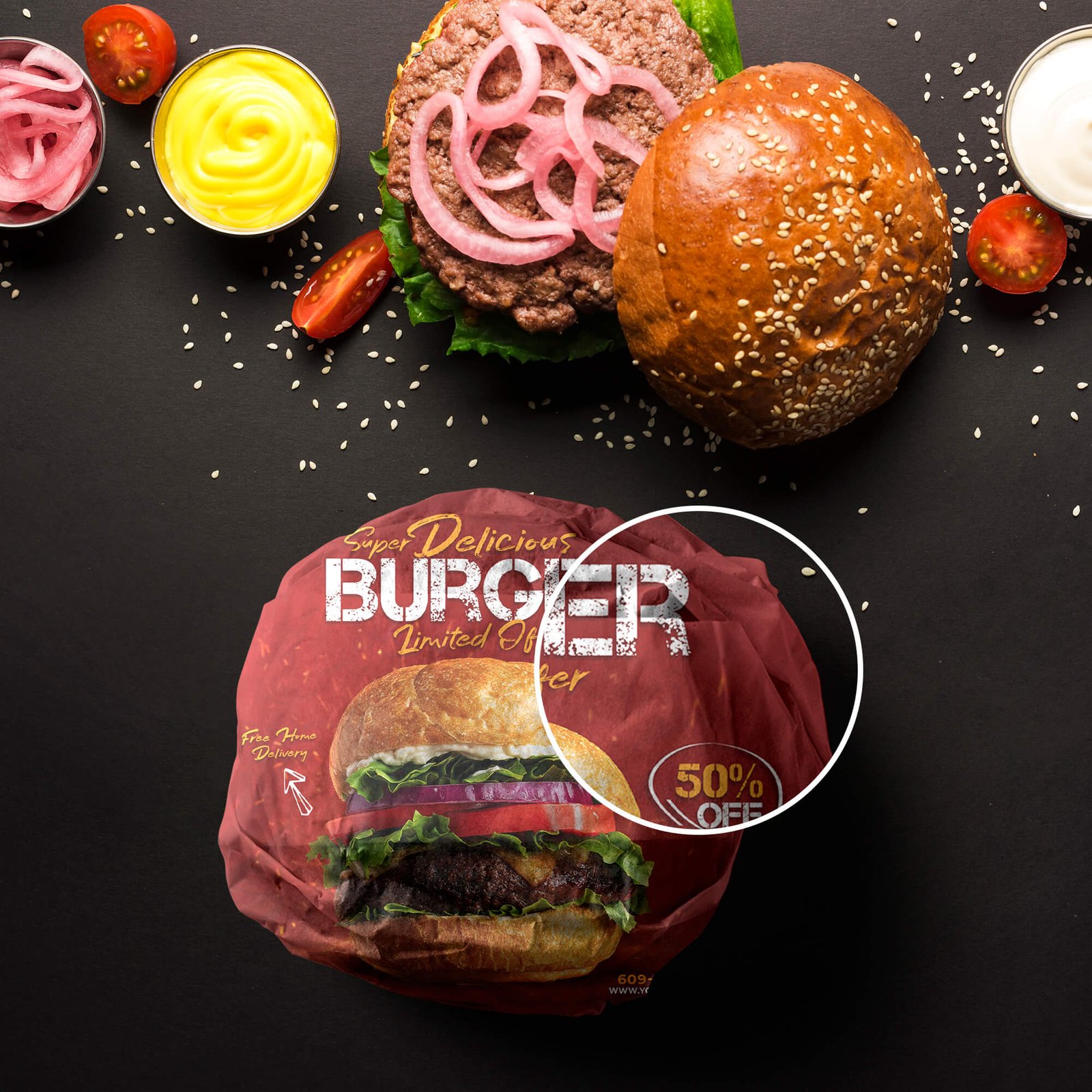 Close Up of a Free Burger Packaging Mockup PSD Template