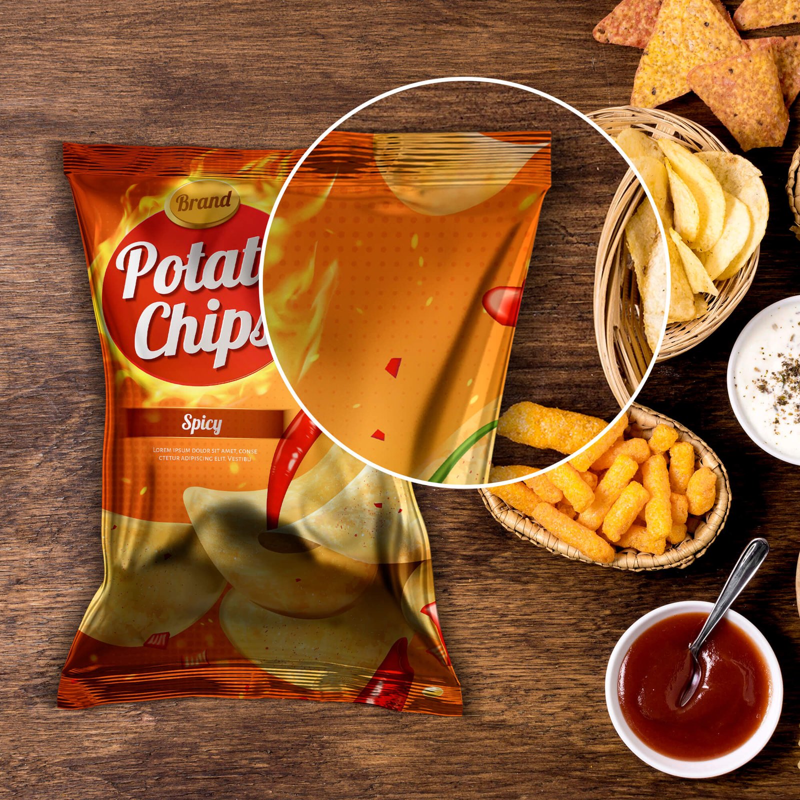 Close Up of a Free Chips Packaging Mockup PSD Template