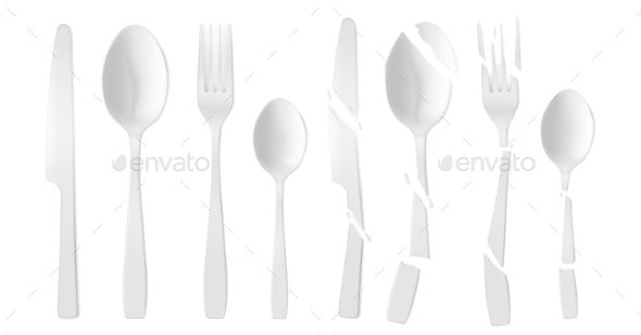 New and Broken White Plastic Cutlery