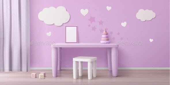 Child Room with Pink Table Chair and White Poster