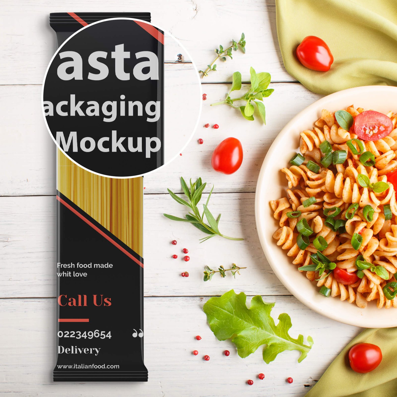 Close Up Of a Free Pasta Packaging Mockup PSD Template
