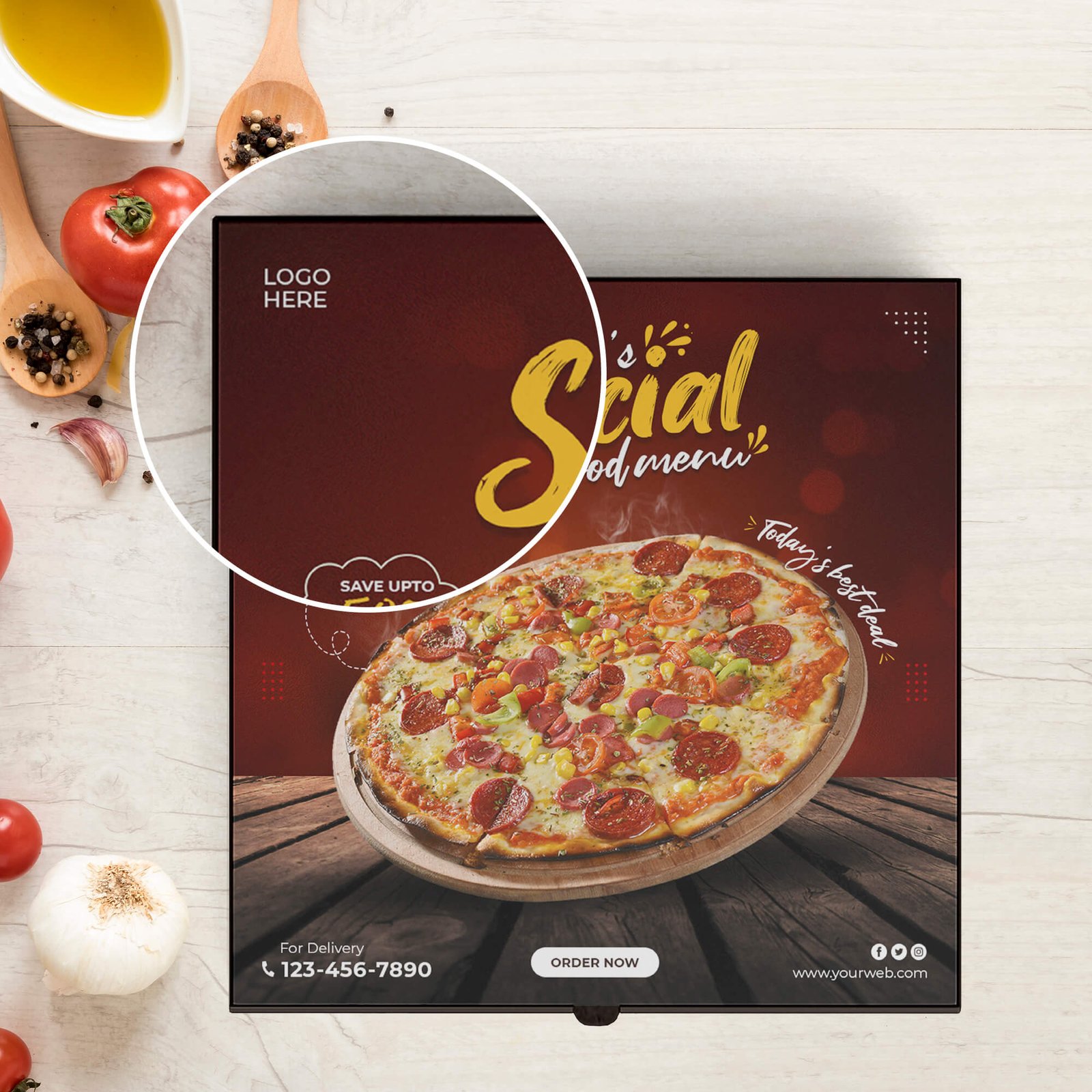 Close Up Of a Free Pizza Packaging Mockup PSD Template