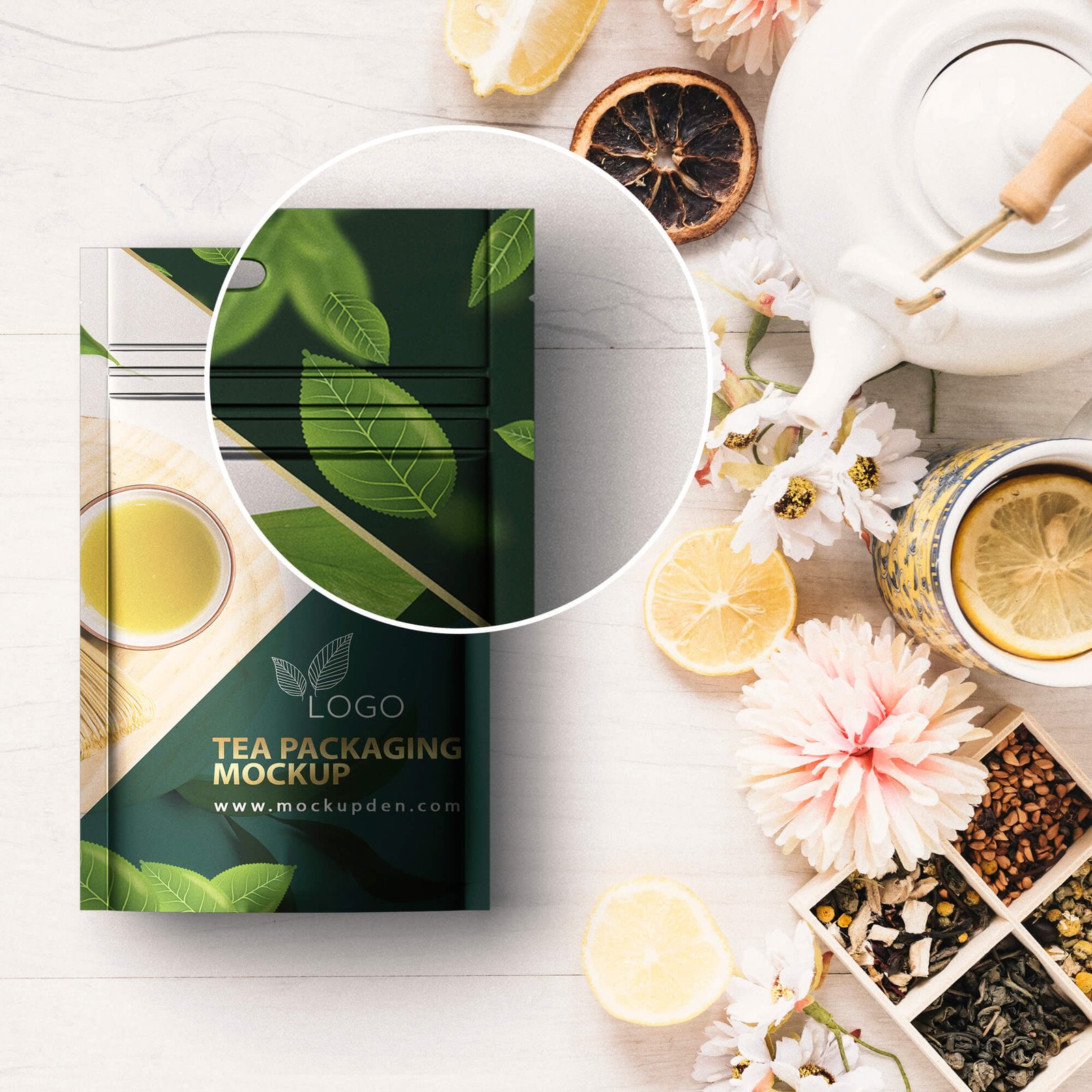 Close Up Of a Free Tea Packaging Mockup PSD Template