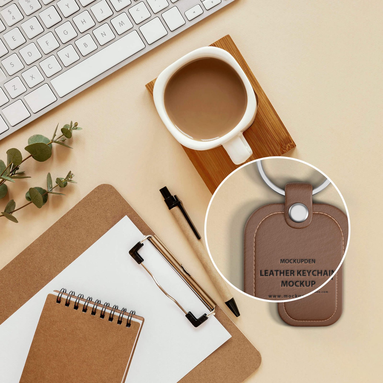 Close Up of a Free Leather Keychain Mockup PSD Template