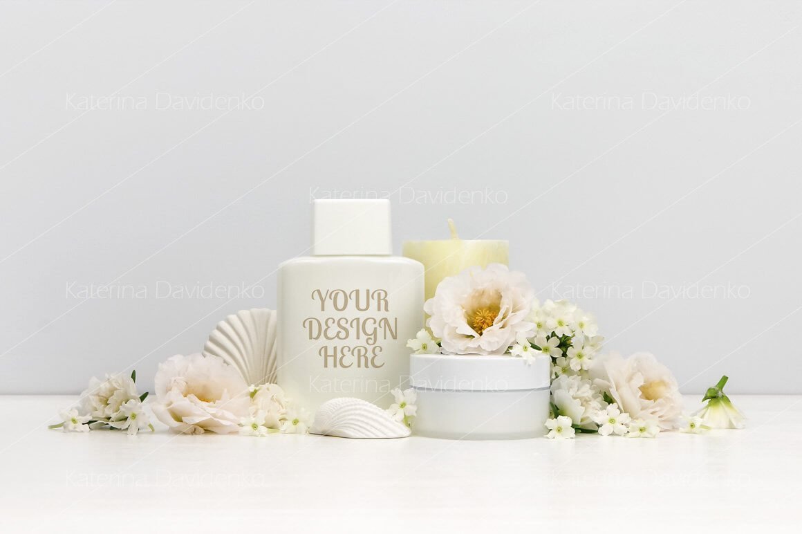 Cosmetics mockup with white flowers