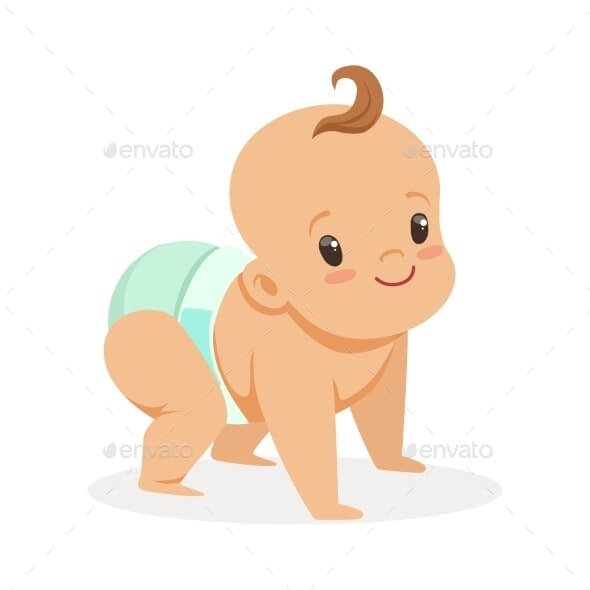Crawling Baby in a Diaper Looking Up