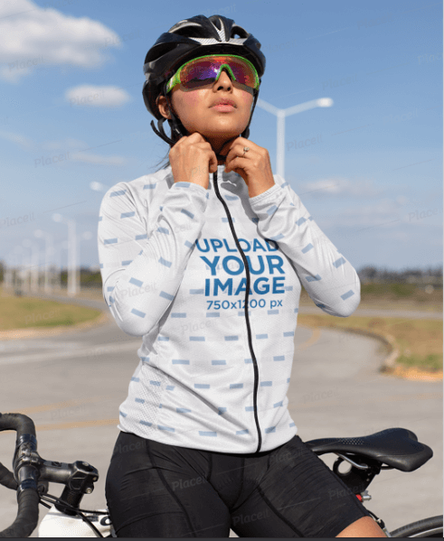 Cycling Jersey Mockup of a Woman Adjusting Her Helmet