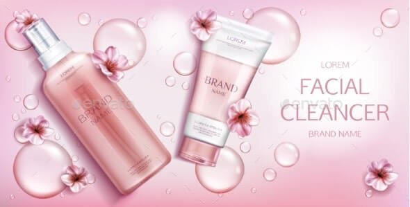 Facial Cleanser Cosmetics Bottles Mockup Banner