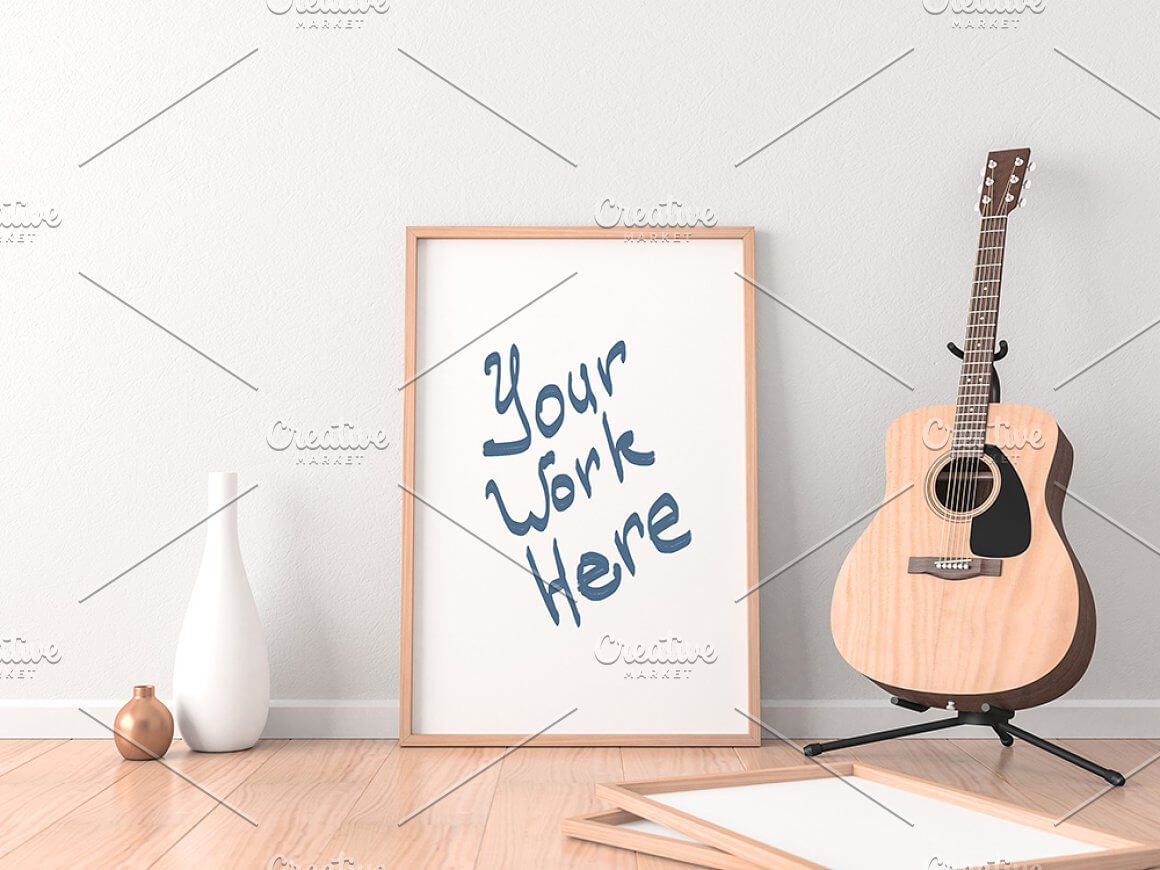 Poster Frame PSD Mockup and Guitar