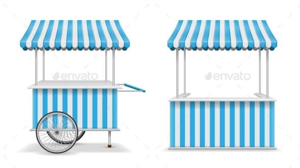 Realistic Set of Street Food Kiosk and Cart