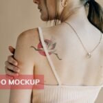 Rose tattoo design mockup on a woman’s shoulder