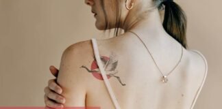 Rose tattoo design mockup on a woman’s shoulder