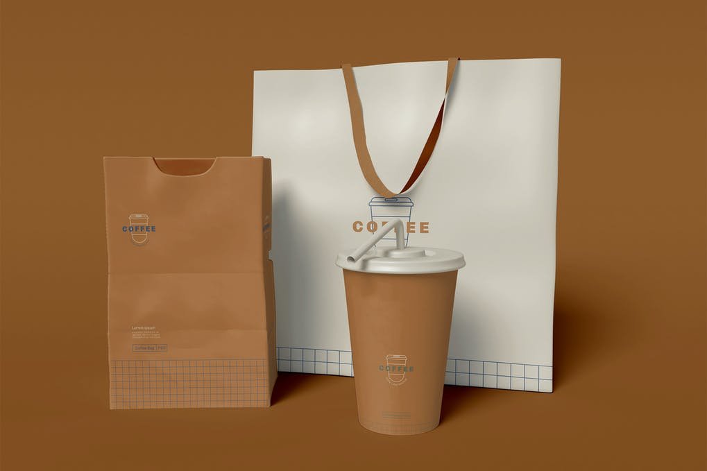 Take Away Coffee Cup, Bag and Paper Package Mockup