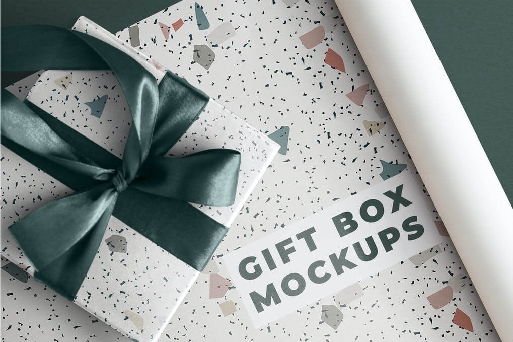 Terrazzo gift box mockup with green ribbon