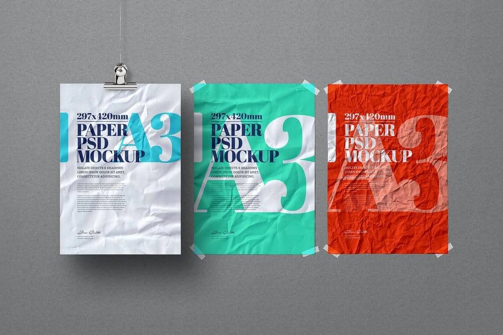 A3 Flyer Poster Mockup Crumpled Hanging Adhesive