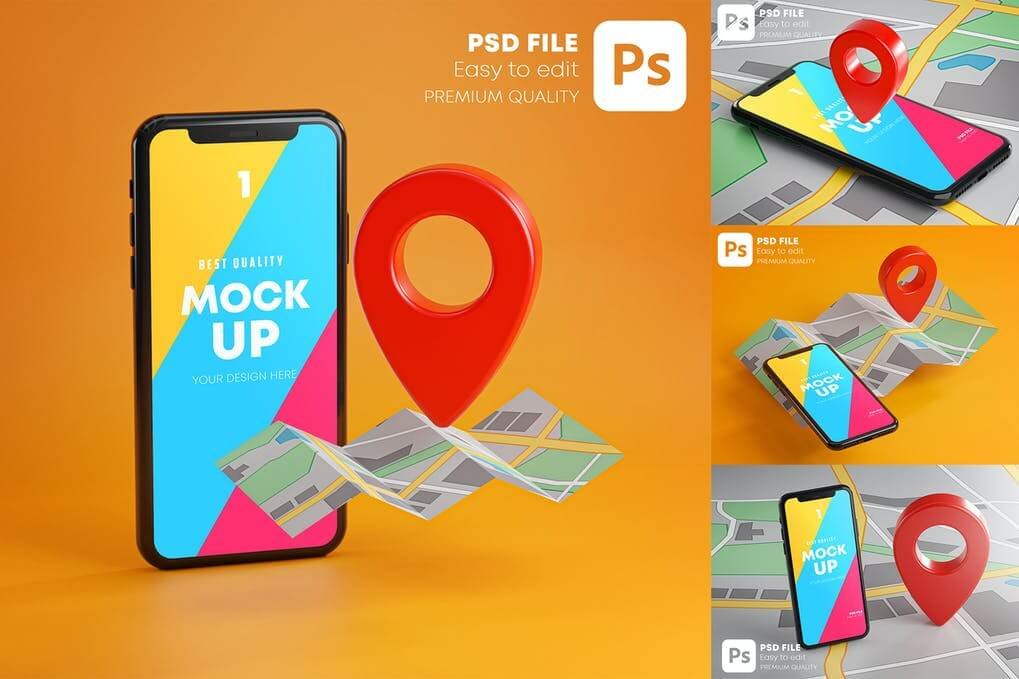Smartphone Red GPS Pin Point On Map Mockup Pack