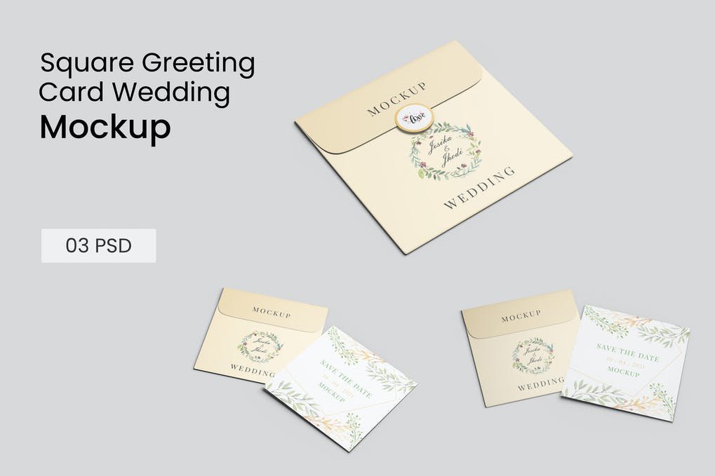 Square Greeting card Wedding and envelope mockup
