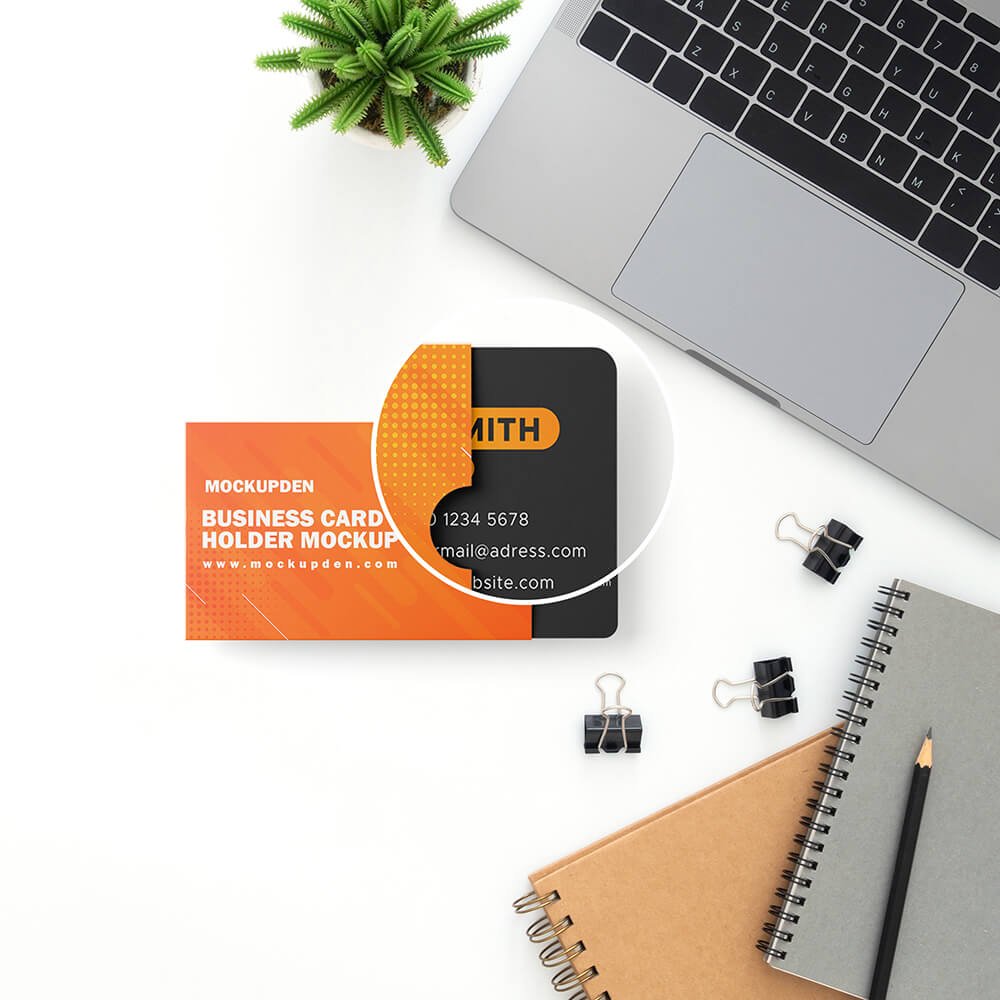 Closeup Of a Free Business Card Holder Mockup PSD Template