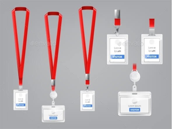 Vector Set of ID Cards, Badges with Red Lanyards